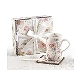 Coffee / Tea Mug, Coaster, Spoon Gift Set - Antique Camellia