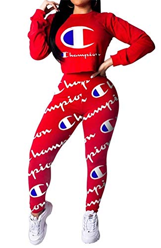 Verchirs Womens Long Sleeve Scoop Neck 2 Piece Outfits Letter Print Casual Crop Top Leggings Jumpsuit Tracksuit