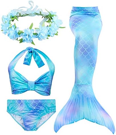 HiFunBay Kids Girls Mermaid Tail Swimming Costume Included 3PCS Swimmable Bikini Swimsuit and Flower Garland Headband