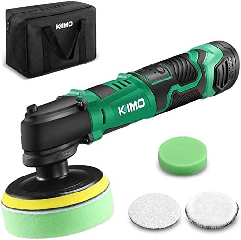 Kimo 12v ポリッシャー 100mm 充電式ポリッシャー コードレス 5段変速 研磨 軽量 車用 車磨き 家庭用 ホイール磨き 艶出し 傷消し Ledライト表示 仕上げバフ2個 バッテリー 充電器 収納バック付き Qm 5001