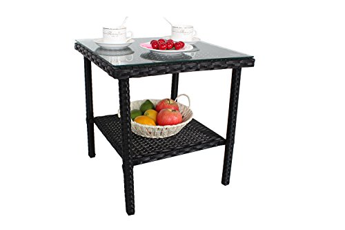 Outdoor Wicker Rattan Side Table Patio Furniture Garden Deck Pool Glass Top Tea Table-Black
