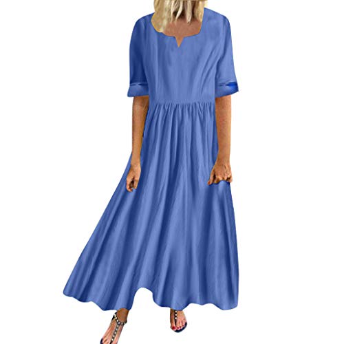 Sengei Women's Short Sleeve Crew Neck Pleated Solid Color Tunic Party Swing Mini Dress Plus Size Loose Long Maxi Dress (L, Blue)