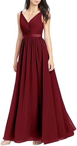 RJOAM Elegant A-line V-neck Chiffon Long Empire Bridesmaid Dresses Simple Prom Dresses with Bowknot 2018 Burgundy Size 6