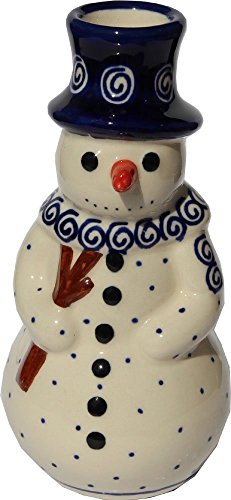 Polish Pottery Snowman Candlestick Holder From Zaklady Ceramiczne Boleslawiec #1409-174a Classic Pattern, Height: 6.3