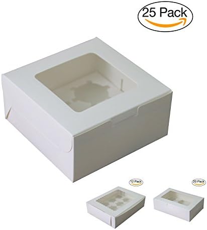 Diamond Bakery Boxes 6.3" x 6.3" x 2.95" (Pack of 25) for 4 Cupcakes with Display Window White Paper with Insert