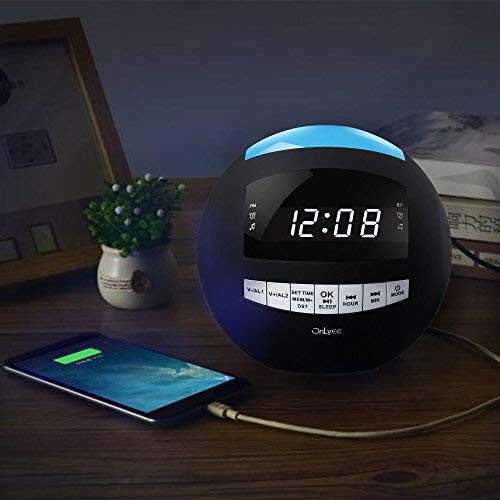 OnLyee Bluetooth Alarm Clock Radio, AM FM Radio, Digital LED, 7 Colored Night Light, AUX, Speaker, Dual USB Chargers, Dual Alarms - Kids Desk Kitchen Bedroom Heavy Sleepers