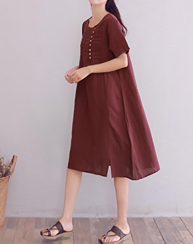 LifeShow Women's Cotton Dress Short Sleeve Loose Dresses Summer Midi Linen Dress