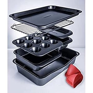 9-Piece-Smart-Space-Baking-Tray-Set-by-ScottWhite-Non-Stick-Free-Silicone-Oven-Mitts-Easy-Clean-Stackable-Bakeware-Set-Easy-Handle-Cooling-Grid-Muffin-Tray-Cake-Tin-Loaf-Tin-Roasting-Tray 9-Piece Smart Space Baking Tray Set by Scott&White - Non Stick, Free Silicone Oven Mitts, Easy Clean, Stackable Bakeware Set, Easy Handle, Cooling Grid, Muffin Tray, Cake Tin, Loaf Tin, Roasting Tray