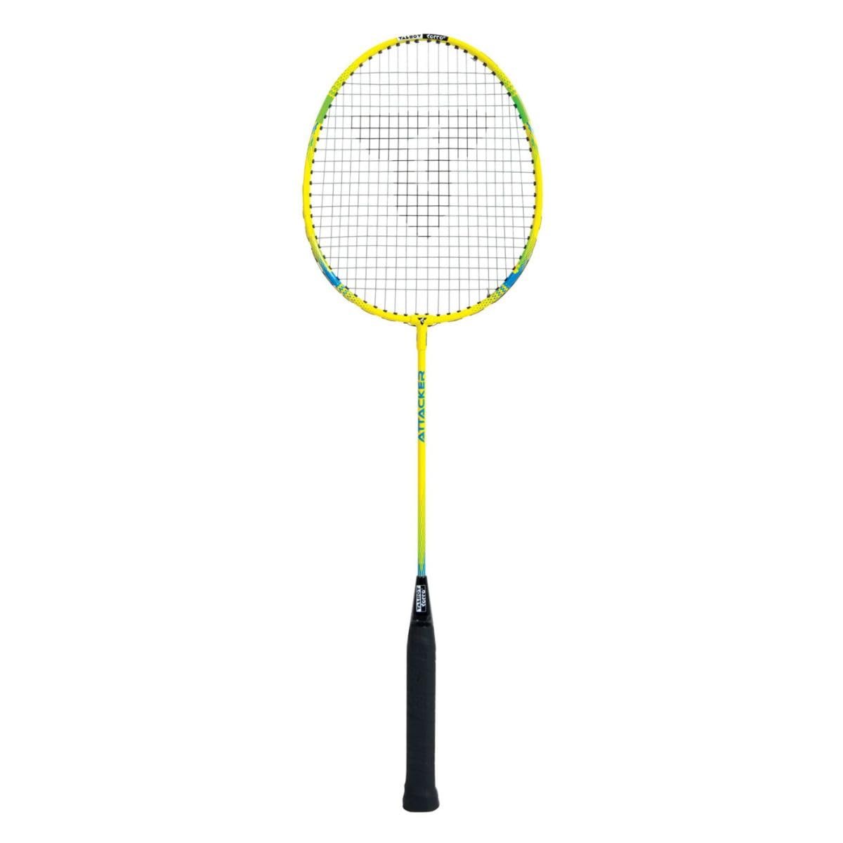 Talbot Torro Badminton Racket Attacker, for Beginners, Hardened Steel, Classic Head Shape, Yellow/Blue, 429806