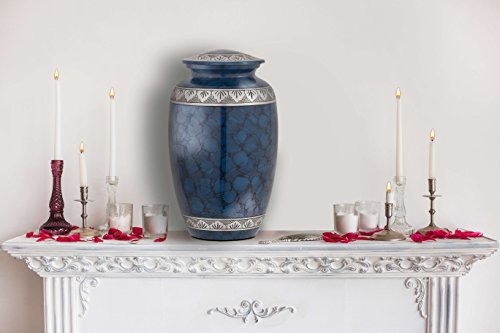 Enshrined Memorials Cremation Urn for Ashes by Electra Series Large Human Adult Handcrafted Brass Aluminum Quality Affordable for Funeral Engraving Design (Blue Cloud, Adult with Keepsake)