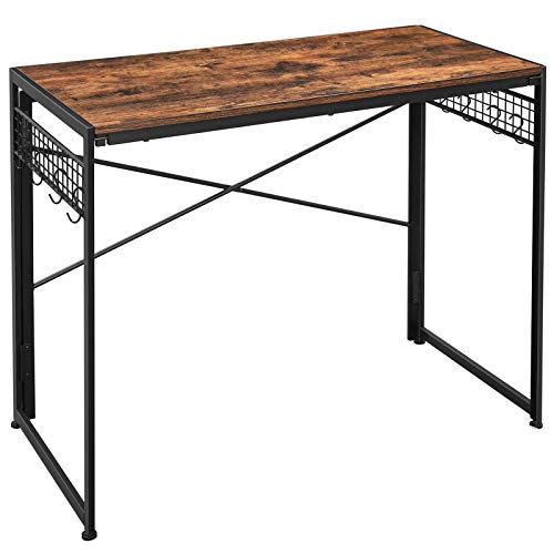VASAGLE ALINRU Folding Computer Writing Desk, with 8 Hooks, Simple Study Desktop Workstation, No Tools Required, Rustic Brown