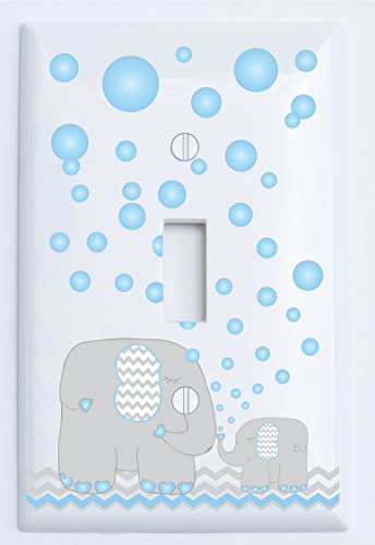 Elephant Light Switch Plate Covers / Single Toggle / Elephants with Grey and Blue Chevron Switch Plates with Blue Bubbles (Single Toggle)