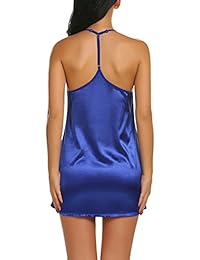 ELOVER damaes Camisón Ropa de dormir Satén Vestido de deslizamiento completo Lencería sexy V Cuello de encaje Ropa de dormir Camisa sin espalda