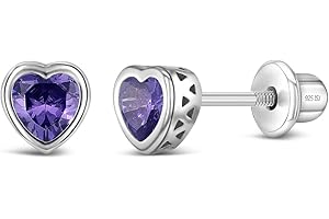 In Season Jewelry CZ Birthstone Heart Kids Earrings - 925 Sterling Silver Hypoallergenic Earrings for Girls with Secure Screw Backs - Safe & Comfortable for Toddlers, Kids & Little Girls
