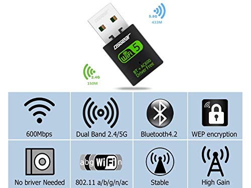 OSGEAR 600Mbps USB 2 in 1 WiFi Bluetooth Adapter Wireless Card Dual-Band 802.11a/b/g/n 2.4GHz 150Mbps 5.8 GHz 433Mbps Network Dongle Supports Win10 8 7 XP for PC Vista Mac