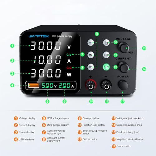 WANPTEK POWER 30V 10A Lab Power Supply with 3 Memories and Lock Key, Adjustable Stabilized Power Supply with OCP Protection/Outputs/USB Fast Charging/4 Digit LED Display