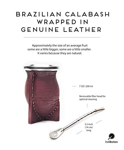 Balibetov [NEW] Leather Wrapped Handmade Yerba Mate Gourd (Mate cup) with Bombilla (Yerba Mate straw) (Bordeaux)