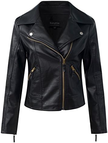 Sungtin Women's Black Faux Leather Slim Motorcycle Biker Short Jacket Coat Medium PY713