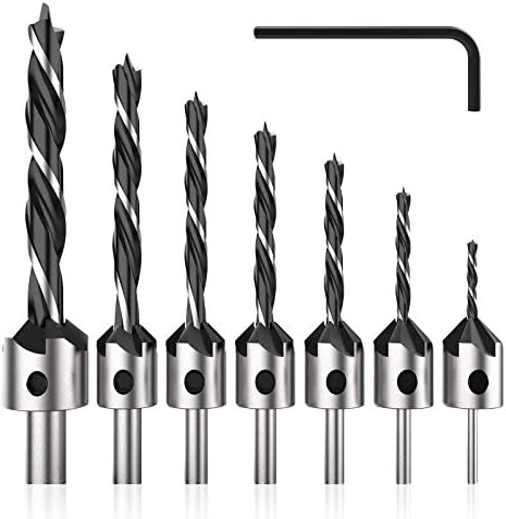 Countersink Drill Bits Set- 7Pcs Counter Sink Bit for Wood DIY, Adjustable High Speed Steel Durable Woodworking Chamfer Tools Carpentry Reamer Plated With Hex Key Wrench (3/4/5/6/7/8/10mm)