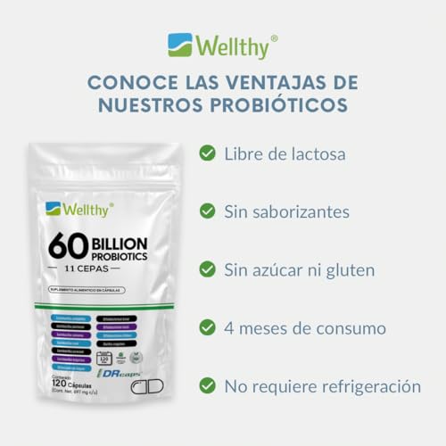 Wellthy Probioticos 60 Billones 11 Cepas. 120 Cápsulas 4 meses de Consumo, Cápsulas Veganas, DRcaps® Acción Prolongada, Bottle Free.