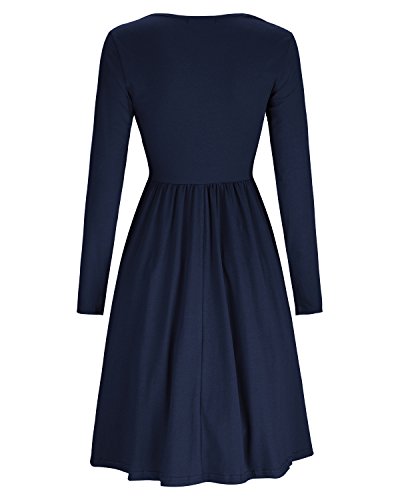OUGES Women's Long Sleeve V Neck Button Down Midi Skater Dress with Pockets(Navy,XL)