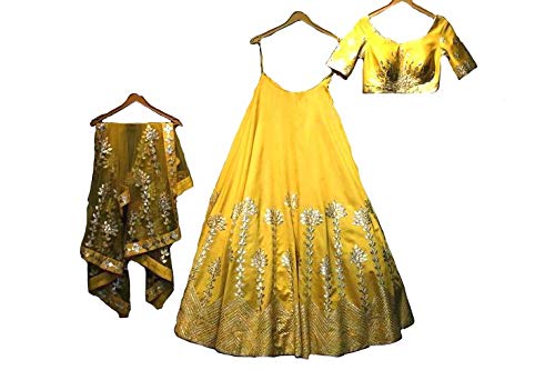 Girls Tiger Silk Lehenga Choli (YF-172, Yellow, 40 W x 30 L)
