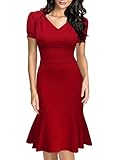Miusol Women's Official V-Neck Retro Cap Sleeve Fitted Business Cocktail Dress (Small, Red)