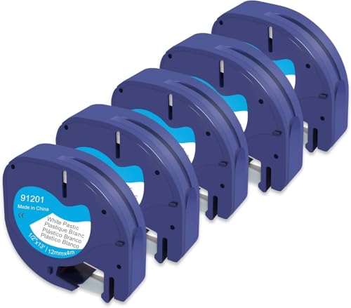 Molabel 5 Pack Compatible with Dymo LetraTag 91221 S0721610 91201 - Plastic Black on White 12mm x 4m - For LT-100H LT-110T Label Printers