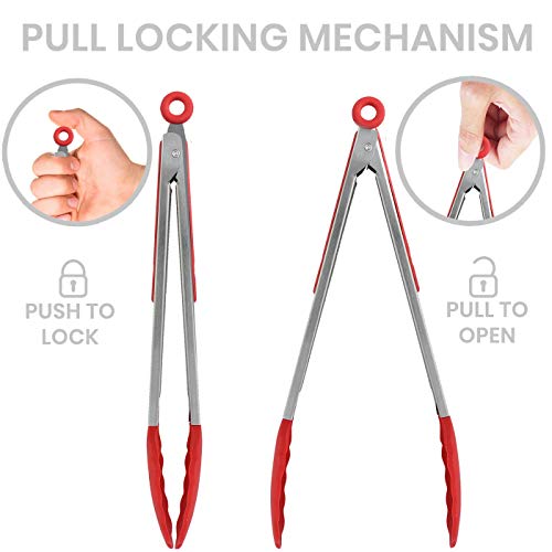 Kaluns Kitchen Tong Set 4 Piece -Red- Stainless steel 7-9-12 Inch Tongs Bonus Silicone Spatula Best Non-stick, Heat resistant Serving Utensils New Tools Collection Best for Cooking and Baking.
