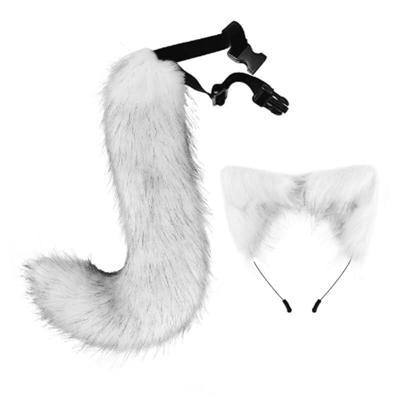 Tail and Ears Set Long Fox Tail Cosplay Faux Fur Furry Fox Wolf Tail Kit with Ears for Anime Fancy Dress Party Halloween Christmas Dress Up Carnival Role Play