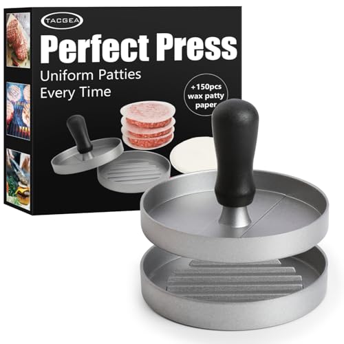 TACGEA Burger Press 150 Patty Papers, Non-Stick Hamburger Patty Maker with Wax Paper, Aluminum Burger Maker for Kitchen BBQ Grill