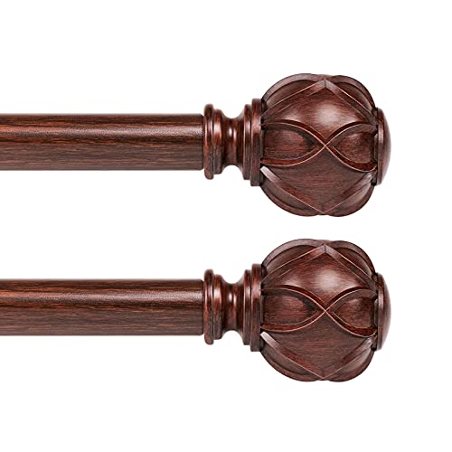 KAMANINA 1 Inch Curtain Rod Telescoping Single Window Rod 72 to 144 Inches (6-12 Feet) 2 Pack, Netted Texture Finials, Red Imitation Wood Grain