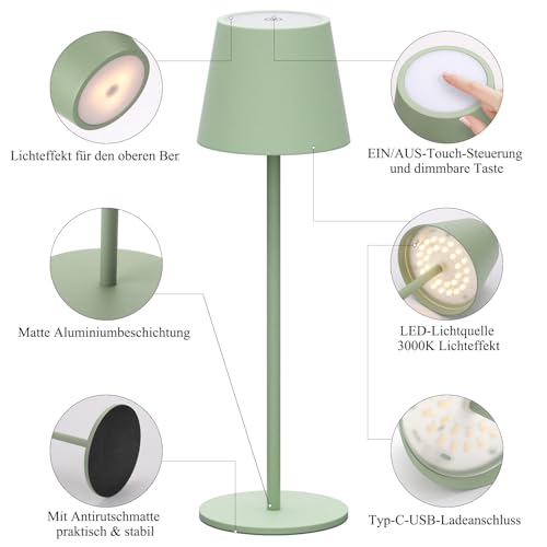Klighten 2 Pieces LED Dimmable Blue Wireless Desk Lamp, Rechargeable Indoor/Outdoor Battery Powered Table Lamp with USB-C, Warm Light 3000K, Aluminium, Waterproof IP54