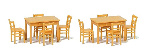 Preiser17218 Table & Chairs 2 Tables & 8 Chairs (Natural Wood) HO Scale Scenery Set
