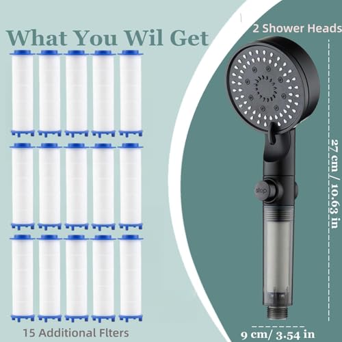 Chenghoo HydroBoost High Pressure 5 Mode Filtered Shower Head, 2 Handheld Shower Heads & 17 Filter Cartridges, Built-in Power Wash for Hard Water，One-Touch Pause Button, Easy Install