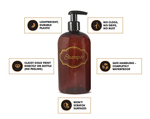 Bottiful Home- 16 oz Refillable Empty Amber PET Plastic Bathroom Soap and Lotion Dispenser Pump Bottle Set-Gold Printed-Black Pumps-Fully Waterproof, Rust-Free, Clog-Free, Drip-Free