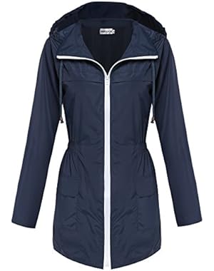 Womens Lightweight Travel Trench Waterproof Raincoat Hoodie Windproof Hiking Coat Packable Rain Jacket