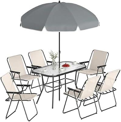 Conjunto de Mesa y Sillas Jardín de 8 Piezas con Sombrilla Crema