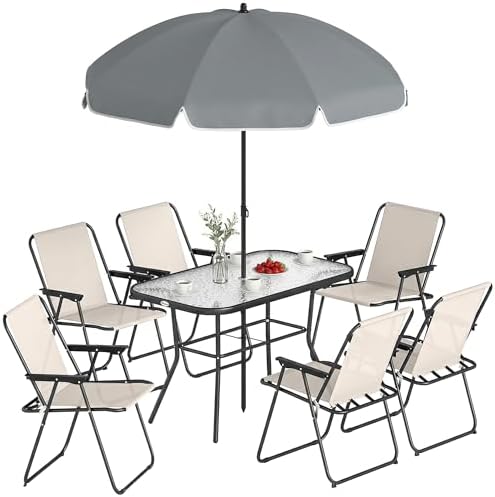 Conjunto de Mesa y Sillas Jardín de 8 Piezas con Sombrilla Crema