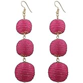 KaFu Threaded Ball Dangle Hook Bohemia Earrings Thread Wrapped Triple Balls Dangle Earrings Lantern Ball Tassel Cute Soriee Drop Earrings for Women (Pink)