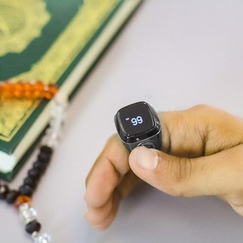 Smart Tasbih Zikr Ring E01 Muslim Prayer Timing Reminder with OLED Display, Tasbih Counter, Wearable Technology, 5 Time App Notification (Black Gray, 18mm)