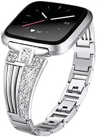 DBoer Band Compatible for Fitbit Versa Smart Watch Band Bling Bracelets Rhinestones Stainless Steel Metal Sector Replacement Band Wristband for Women/Girls Silver