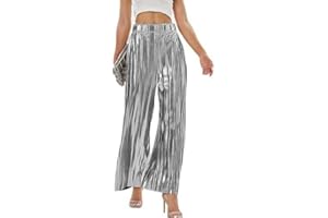 WANLUOSUX Women's Shiny Pleated Wide Leg Pants Party High Waist Casual Women's Clubwear
