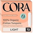 Cora Organic Applicator Tampons | Light Absorbency | 100% Organic Cotton, Unscented, BPA-Free Compact Applicator | Leak Protection | Packaging May Vary | 72 Total