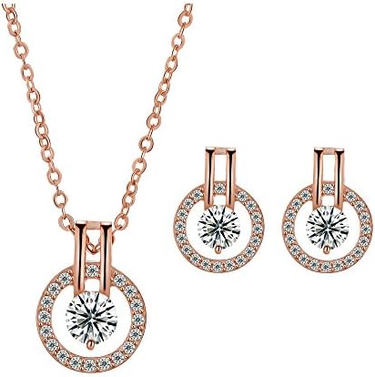 18k Rose Gold Plated Austrian Crystal Circle Necklace Pendant and Circle Halo Stud Earring