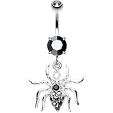Pierced Owl 14GA Stainless Steel Black CZ Crystal Venomous Spider Dangling Belly Button Ring