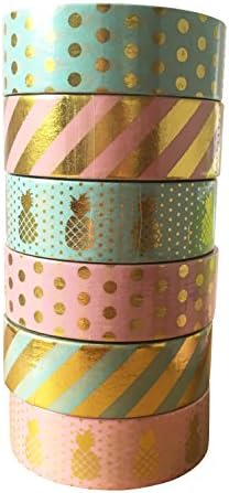 6 Rolls Washi Masking Tape, 0.59'' x 393'' Kawaii Scrapbooking Tools DIY Stripes,Gold Pineapple &amp; Dots Japanese Paper Foil Washi Tapes