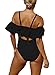 EVALESS Women's Lace Up Front Monokini Ruffle Off The Shoulder Push Up One Piece Bathing Suits Swimsuits Large Black