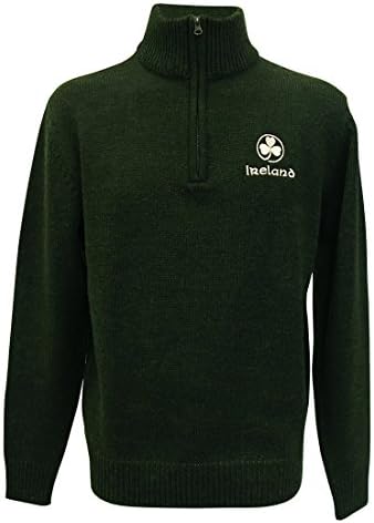 Ireland Half Neck Zip Up Sweater with Embroidered White Shamrock, Green Colour