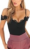 Angashion Women's Spaghetti Strap Floral Lace Jumpsuit Romper Bodysuit,Black,US 2/Tag S